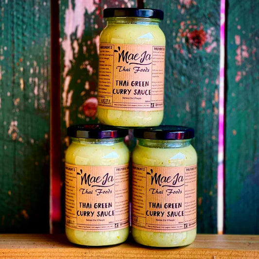 Three jars of authentic thai green curry sauce by mae ja thai foods online